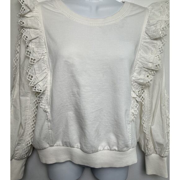 By Anthropologie Ruffle-Sleeve Sweatshirt Top Medium White Eyelet Lace - Picture 2 of 8